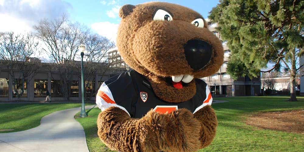 Benny the Beaver standing in the south side quad