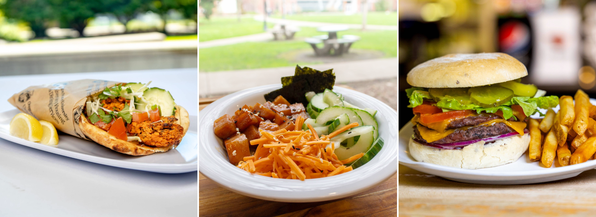 three food photos, one of chicken tikka wrap, one of poke bowl, and one of burger and fries