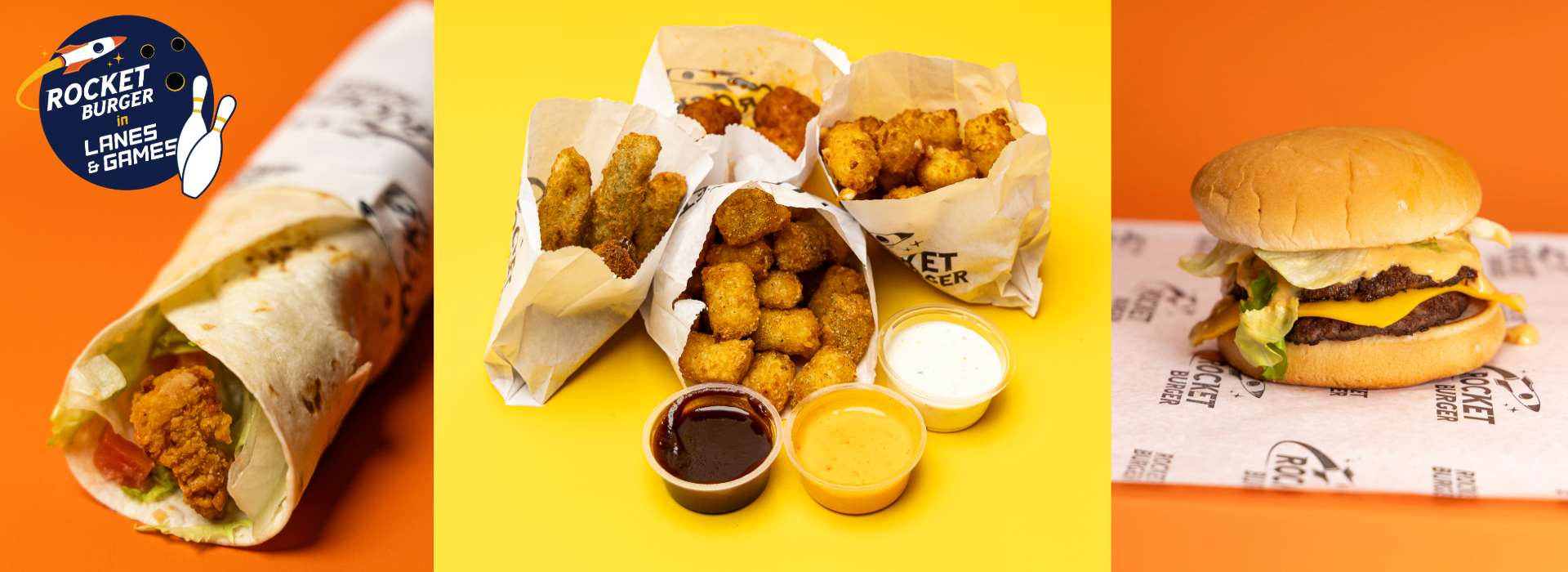 three photos of rocket burger menu items including crispy chicken wrap, appetizer platter, double cheeseburger. Includes rocket burger and Lanes & Games logo