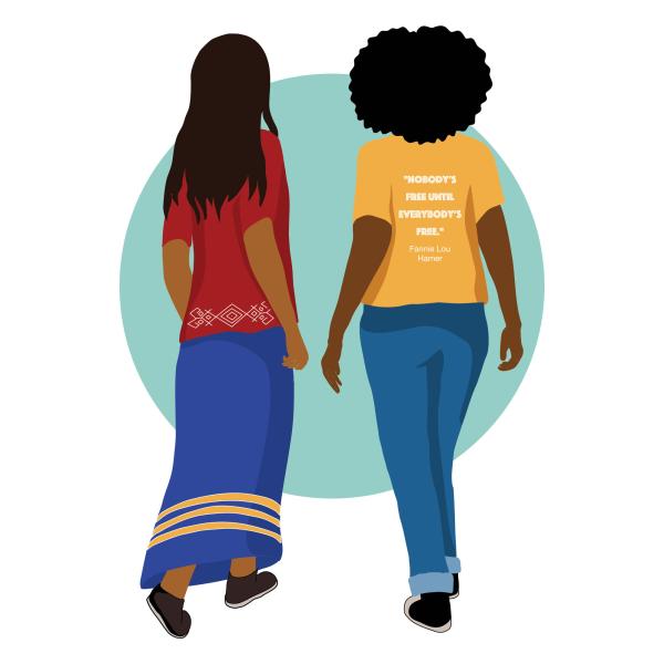 Two women walking towards a blue circle with a quote "Nobody's free until everybody's free" by Fannie Lou Harner.