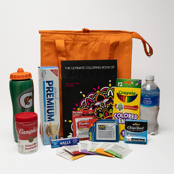 snack bag including water, Gatorade bottle, chicken soup, crackers, Tylenol, Advil, ChapStick, Crayola, halls, tea bags 
